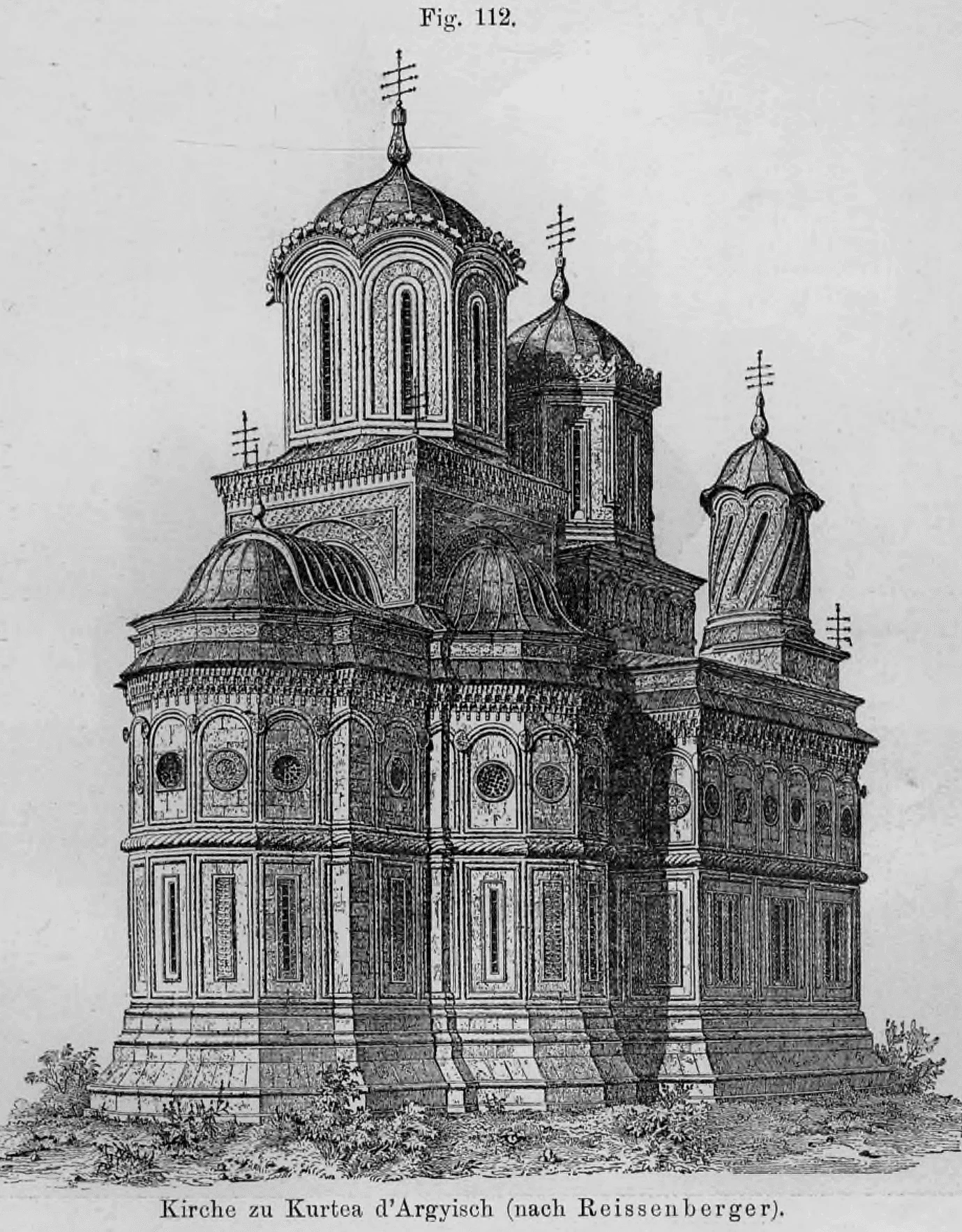 Fig. 112.: Detaillierte perspektivische Darstellung der Kathedrale von Curtea de Argeș mit ihren charakteristischen gewundenen Türmen.