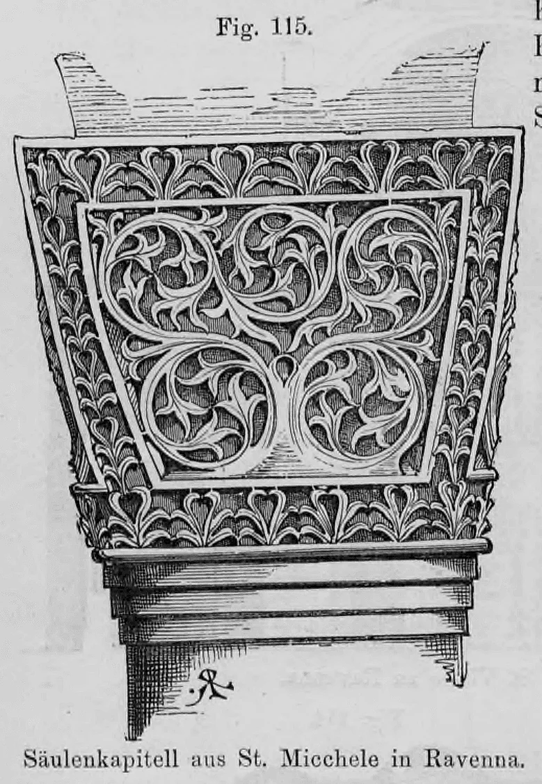 Fig. 115: Eine Zeichnung eines reich verzierten byzantinischen Säulenkapitells aus der Kirche San Michele in Ravenna.