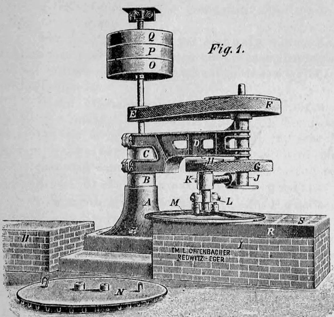 Fig. 1.: Eine schwere vertikale Maschine zur Steinbearbeitung, wahrscheinlich ein Kollergang oder eine Schleifmühle.