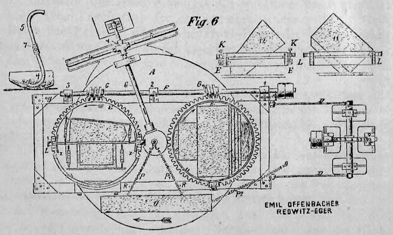 Fig. 6: Technischer Grundriss oder Getriebeschema einer Steinbearbeitungsmaschine.