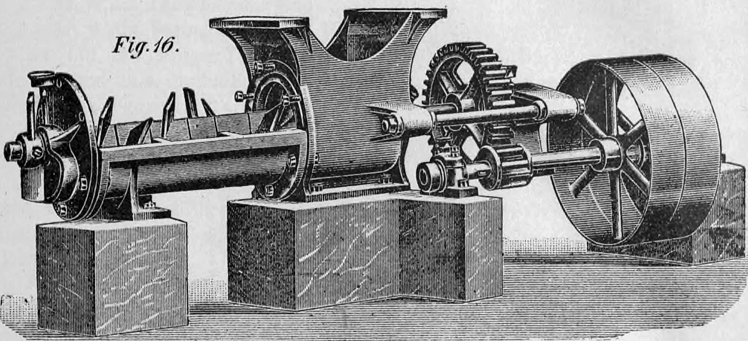 Fig. 16: Horizontaler Tonschneider mit Trichter und Zahnradantrieb.