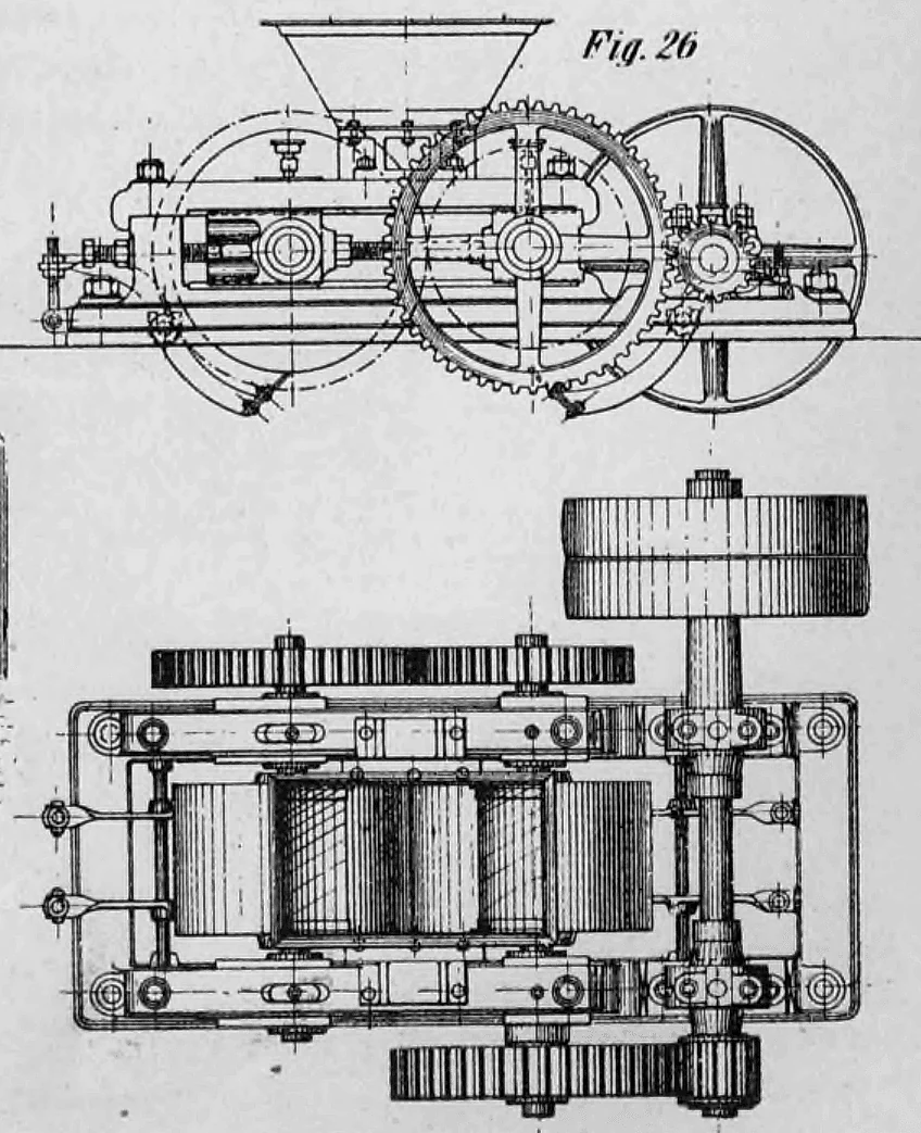 Fig. 26: Technische Zeichnung (Auf- und Grundriss) eines Walzwerks.