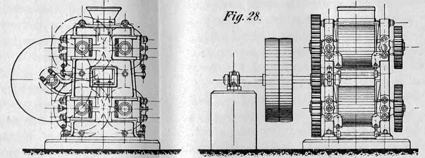 Fig. 28: Technische Ansichten einer Maschine zur Materialaufbereitung in der Ziegelindustrie.