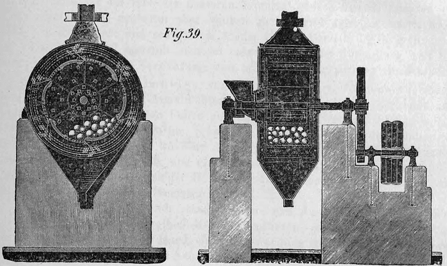 Fig. 39: Technische Schnitte durch eine Kugelmühle.
