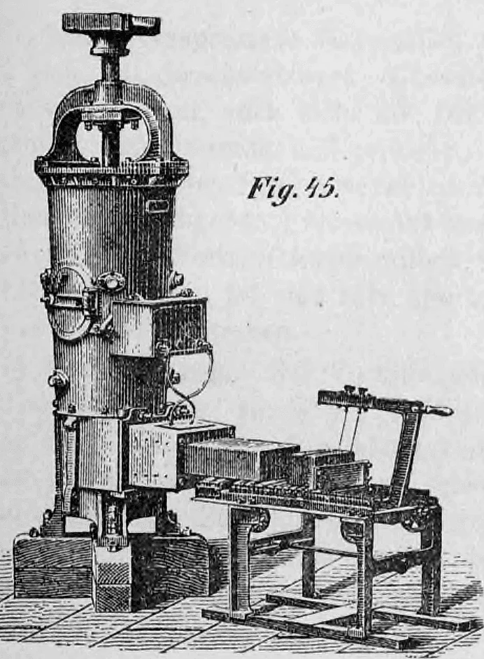 Fig. 45: Eine vertikale Ziegelpresse zur Formgebung von Mauersteinen.