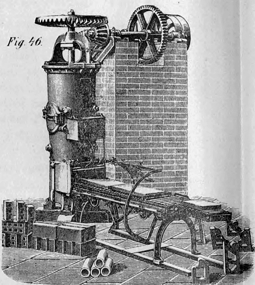 Fig. 46: Wandmontierte vertikale Ziegelpresse mit Getriebeantrieb.
