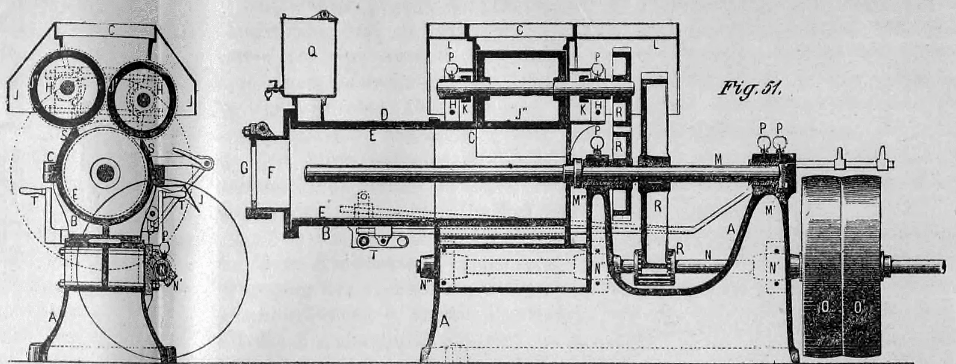 Fig. 51: Technische Zeichnung (Längsschnitt und Vorderansicht) einer Ziegelstrangpresse.