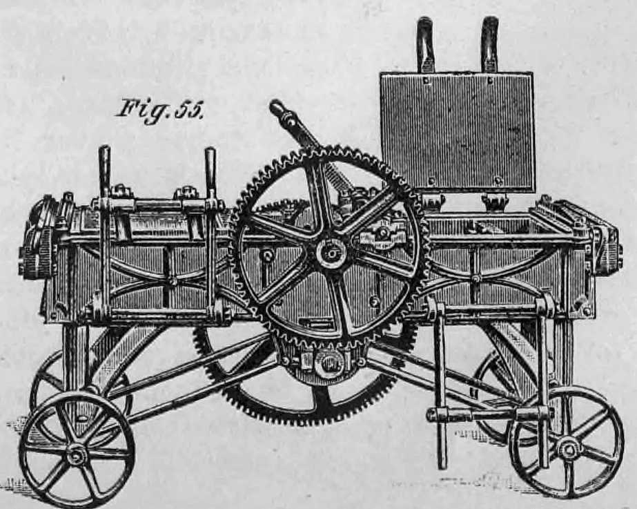 Fig. 55: Mobile Hand- oder Kleinziegelpresse auf einem fahrbaren Untergestell.