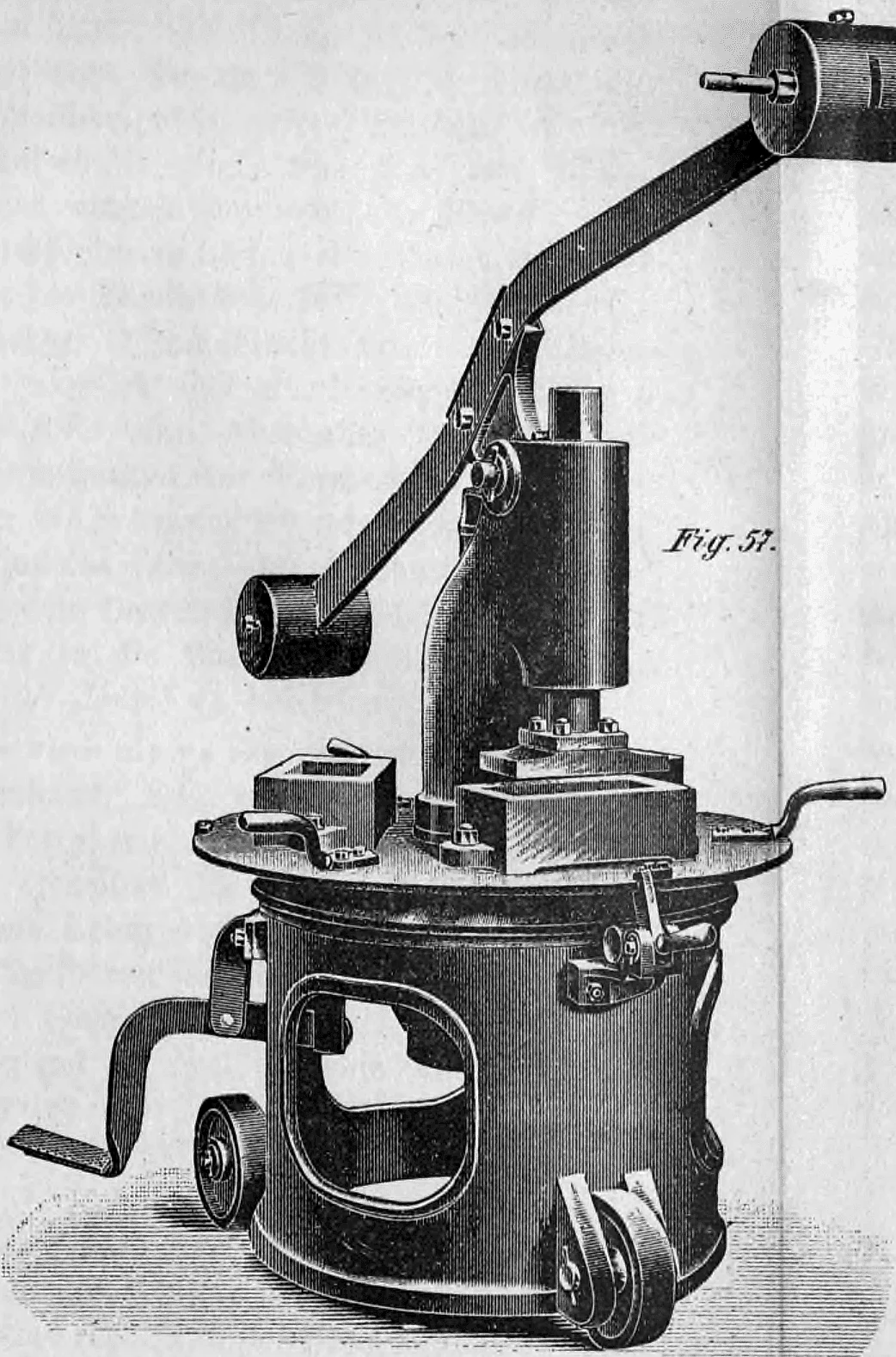 Fig. 57: Darstellung einer fahrbaren Revolver-Handpresse zur Veredelung von Ziegelsteinen.