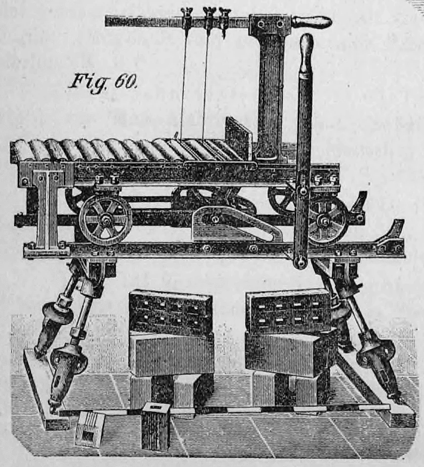 Fig. 60: Handbetriebene Abschneidevorrichtung (Abschneidetisch) für Ziegelstränge.