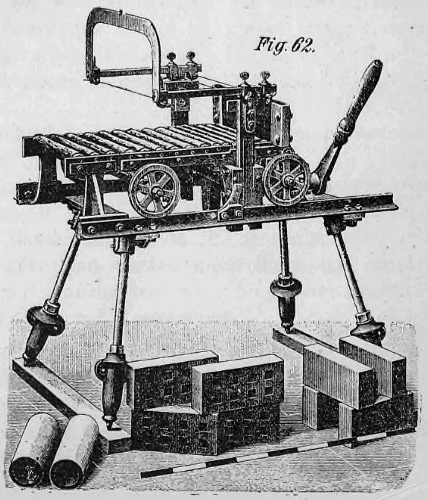 Fig. 62: Ziegel-Abschneidetisch mit Bügelsägen-Mechanismus.