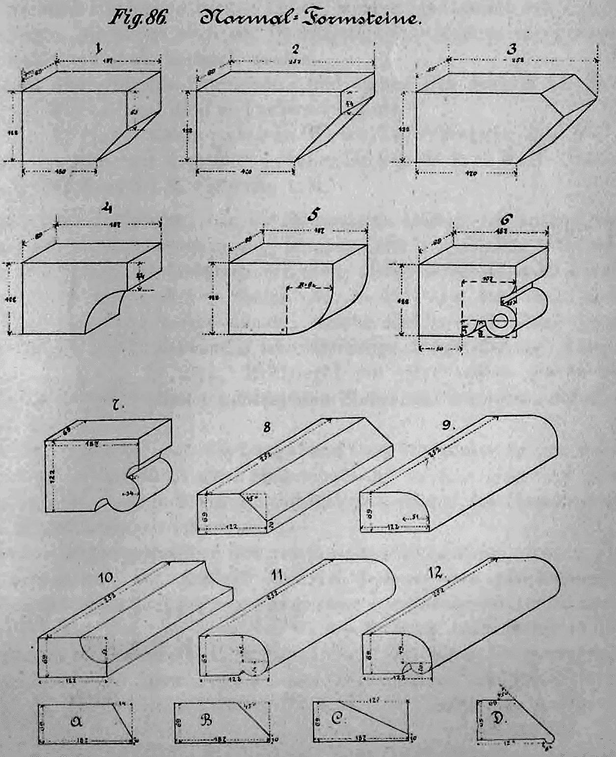 Fig. 86: Detaillierte Übersicht über standardisierte Profilsteine (Normal-Formsteine).