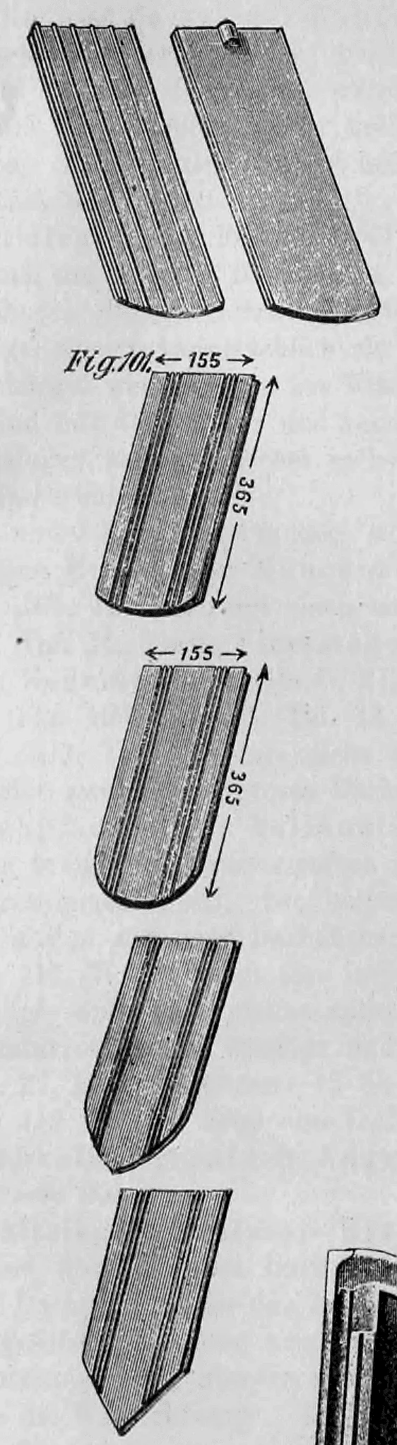 Fig. 101: Abmessungen und Profile von Biberschwanz-Dachziegeln.
