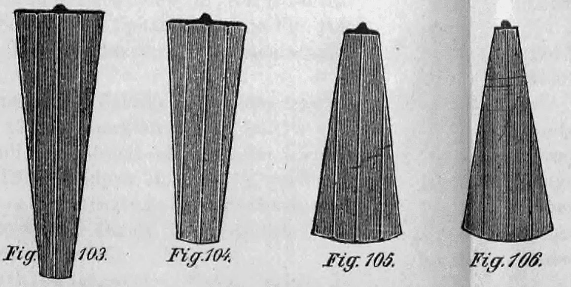 Fig. 103 bis Fig. 106: Verschiedene Abschlussformen von Biberschwanzziegeln.