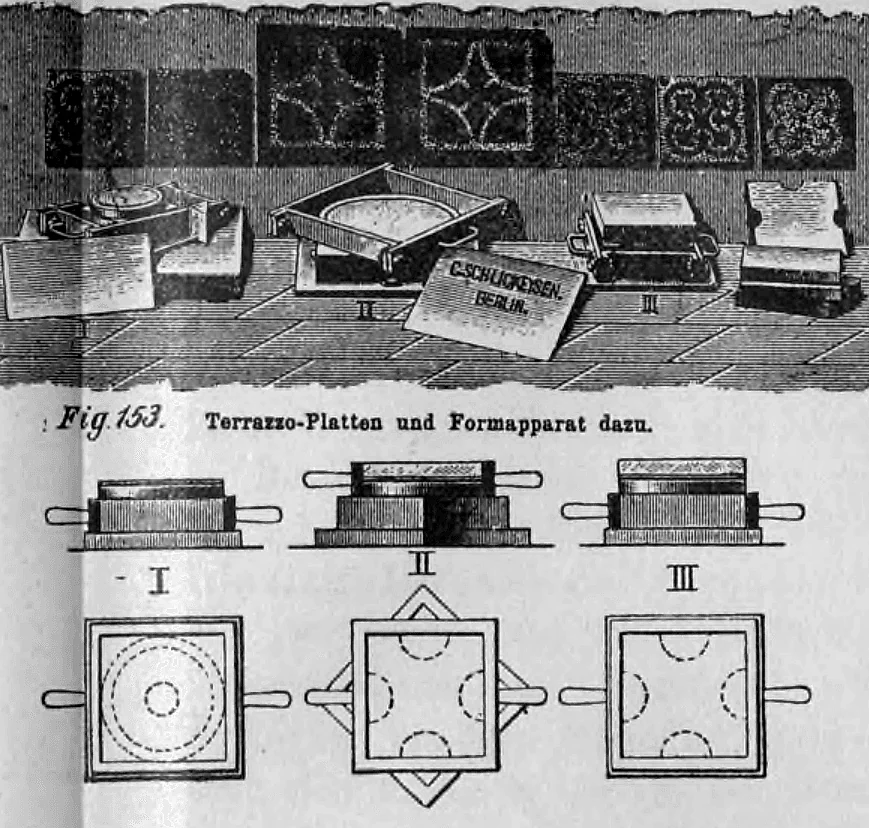 Fig. 153: Darstellung von Terrazzo-Platten und des Formapparats der Firma C. Schlickeysen.