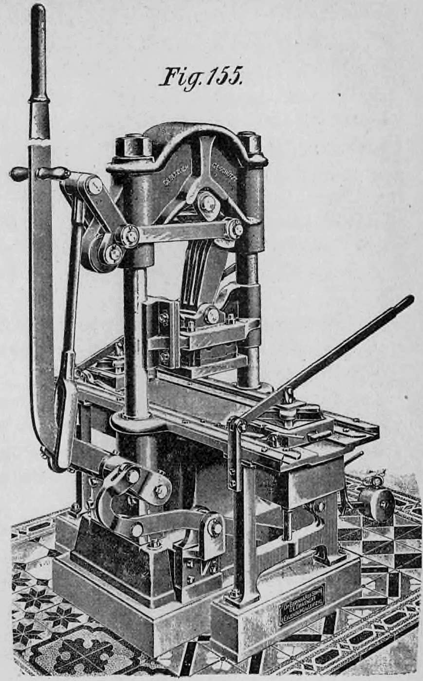 Fig. 155: Mechanische Presse für die Herstellung von Formziegeln oder Platten.