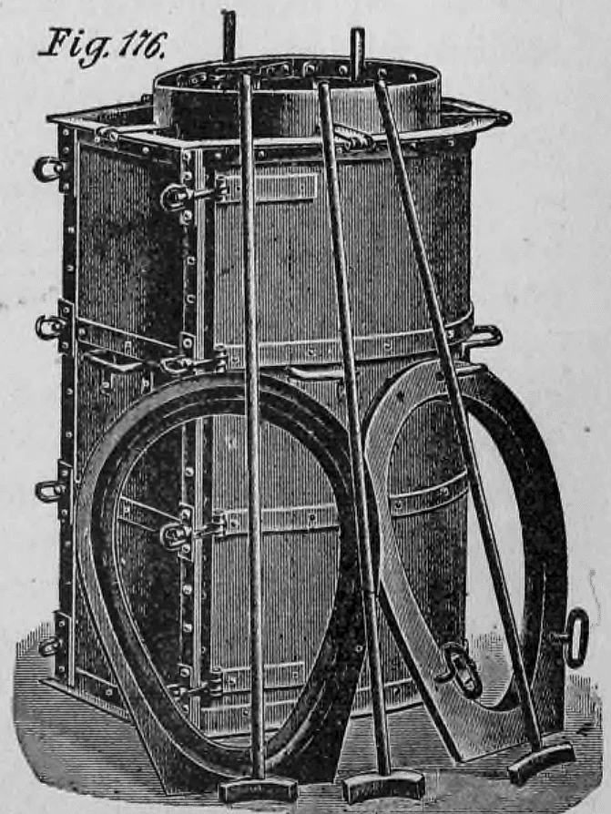 Fig. 176: Mechanischer Apparat oder Formpresse zur Herstellung von Bauteilen.