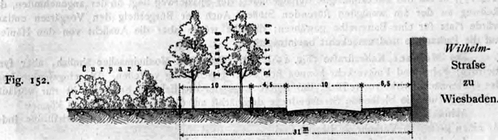Schematischer Straßenquerschnitt der Wilhelmstraße in Wiesbaden entlang des Kurparks.