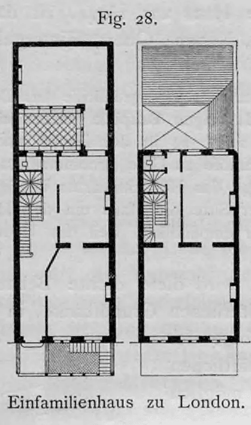 Zwei Grundrisse eines schmalen, geschlossenen Londoner Einfamilienhauses (Reihenhaus).