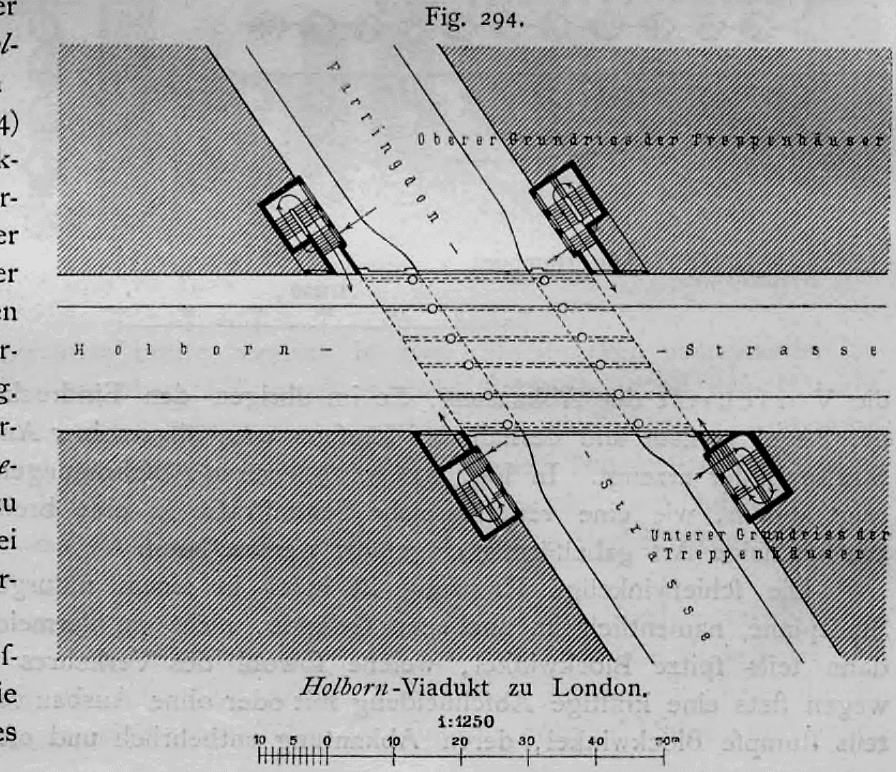 Grundriss des Holborn-Viadukts in London mit der schiefwinkligen Überbrückung der Farringdon Street.