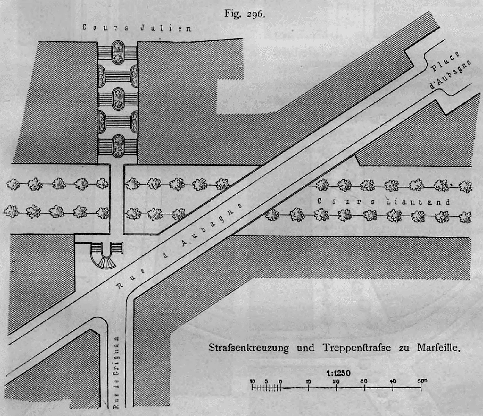 Lageplan einer mehrgeschossigen Straßenkreuzung mit Treppenanlage in Marseille (Fig. 296).