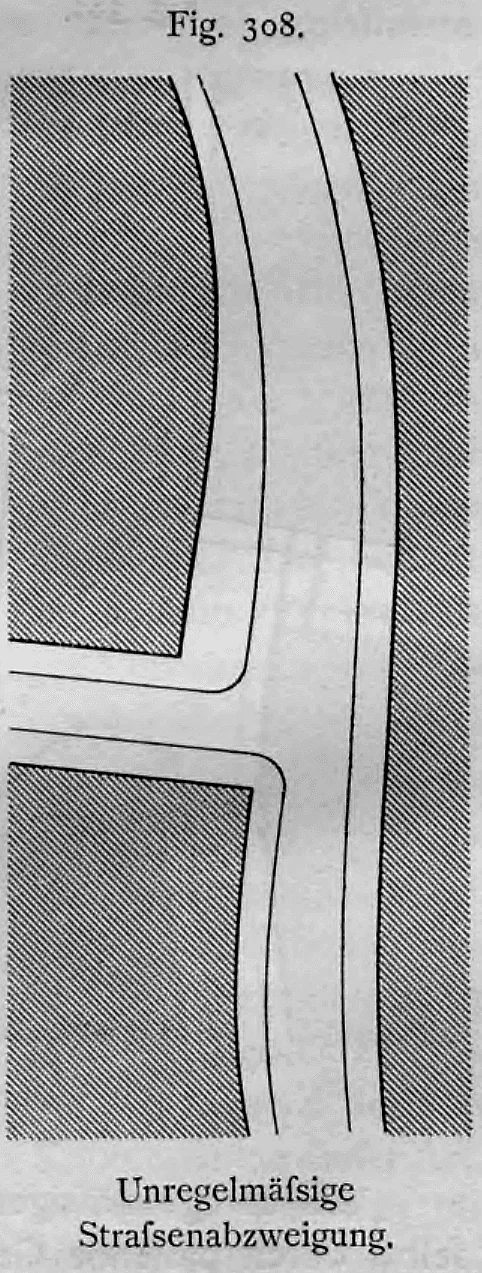 Schematischer Lageplan einer unregelmäßigen Straßenabzweigung mit bogenförmig geführtem Straßenzug.