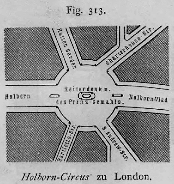 Städtebaulicher Lageplan des kreisförmigen Kreuzungsplatzes Holborn Circus in London mit einmündenden Straßen und zentralem Reiterdenkmal.