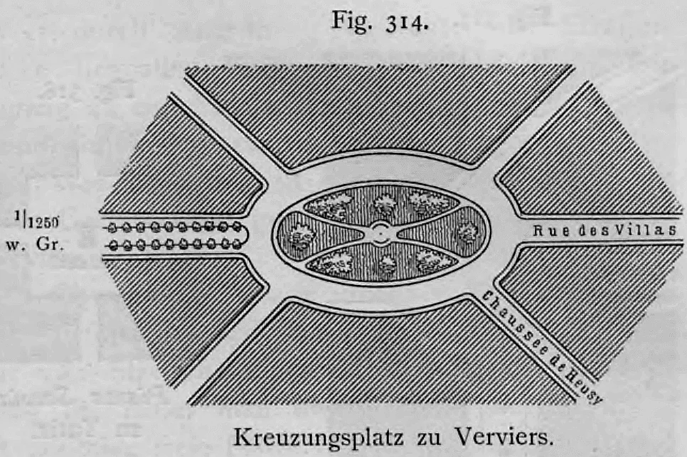 Lageplan eines ovalen Kreuzungsplatzes in Verviers mit zentraler Grünanlage und mehrarmigen Straßeneinmündungen.