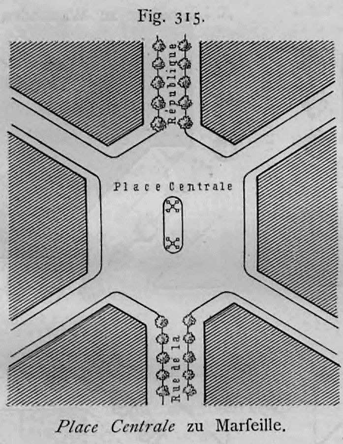Städtebaulicher Grundriss der sechsarmigen Straßenkreuzung Place Centrale (an der Rue de la République) in Marseille.
