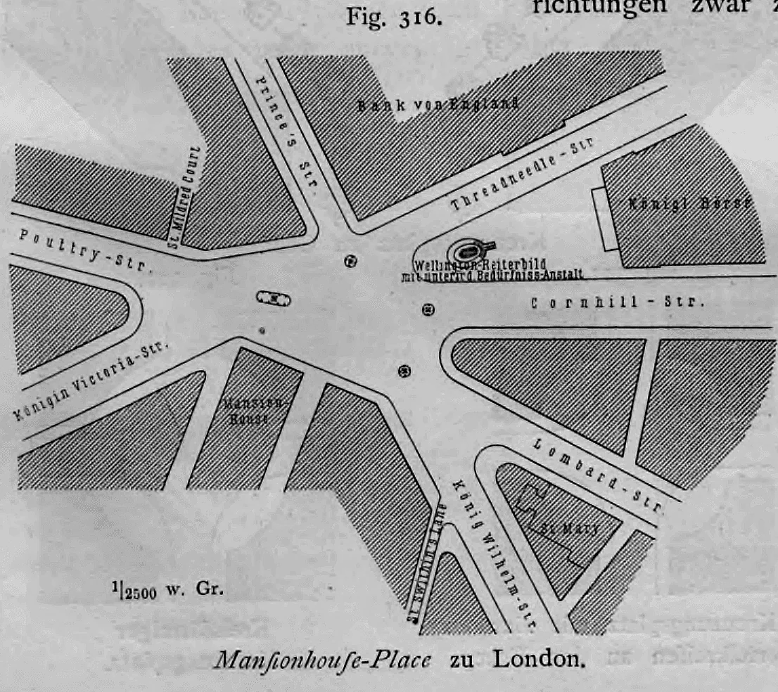 Lageplan des vielarmigen Verkehrsknotenpunkts Mansion House Place in London.