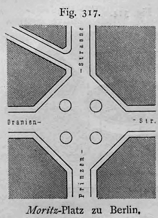 Schematischer Lageplan des Moritzplatzes in Berlin als quadratisch-diagonaler Kreuzungsplatz.
