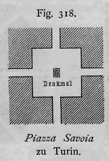 Schematischer Grundriss der Piazza Savoia in Turin als quadratischer Kreuzungsplatz mit zentralem Denkmal.