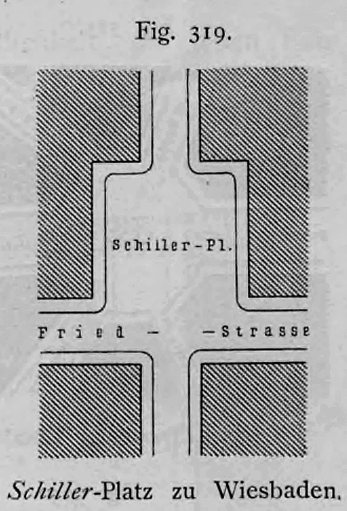 Schematischer Lageplan des Schiller-Platzes in Wiesbaden als Beispiel für einen erweiterten Kreuzungsplatz.