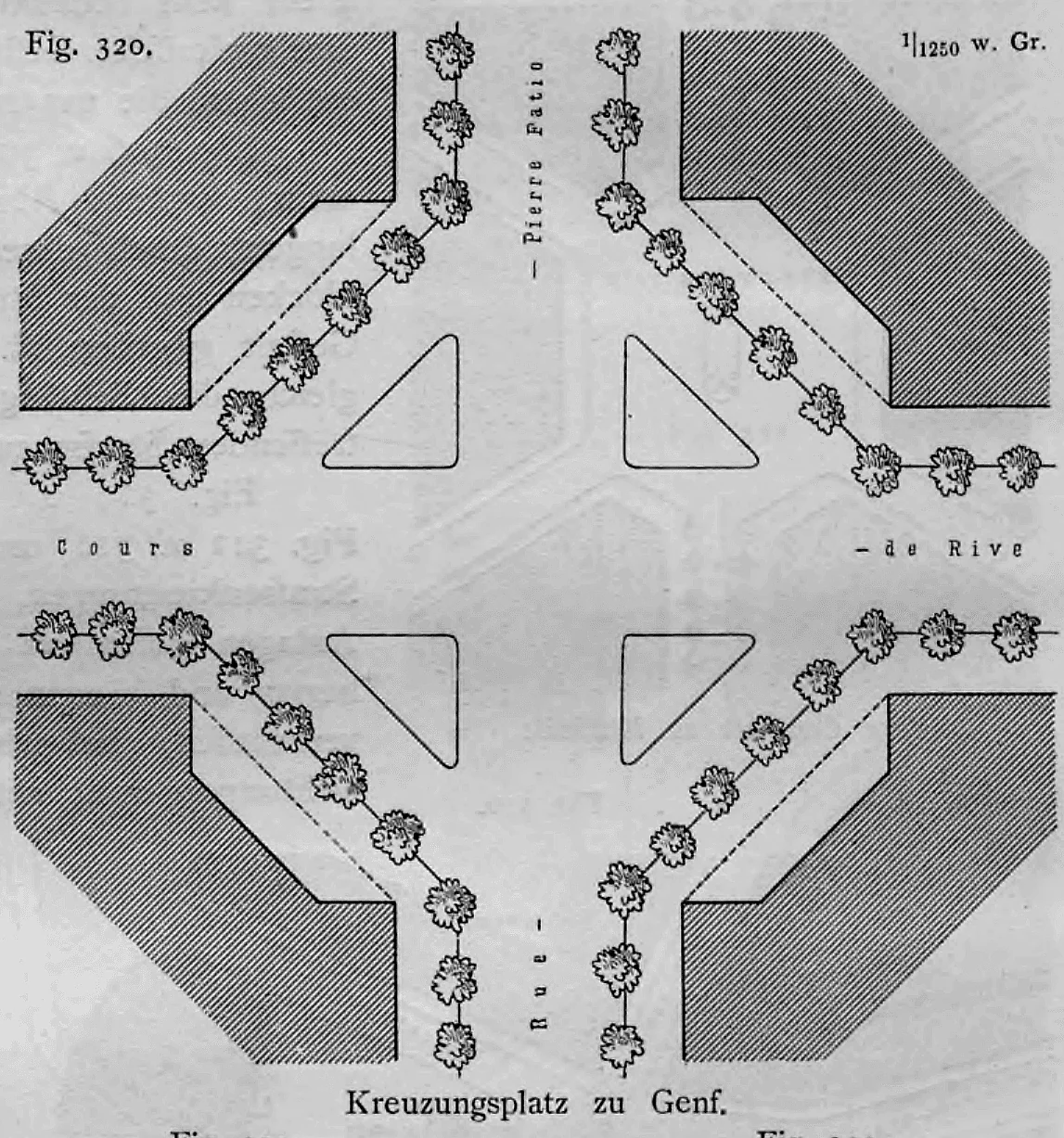 Lageplan des Kreuzungsplatzes an der Rue Pierre-Fatio und dem Cours de Rive in Genf.