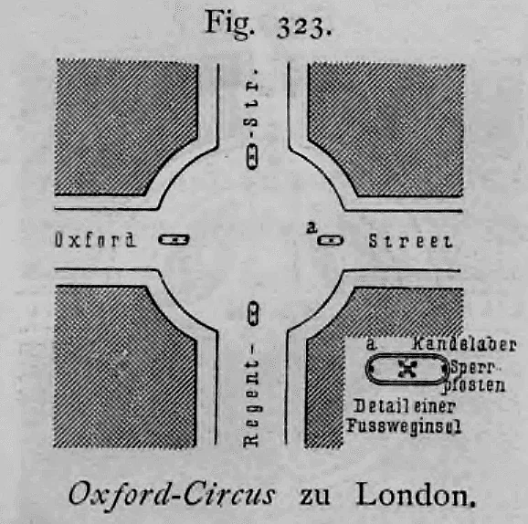Schematischer Grundriss des kreisförmig erweiterten Londoner Kreuzungsplatzes Oxford Circus mit Verkehrsinseln.