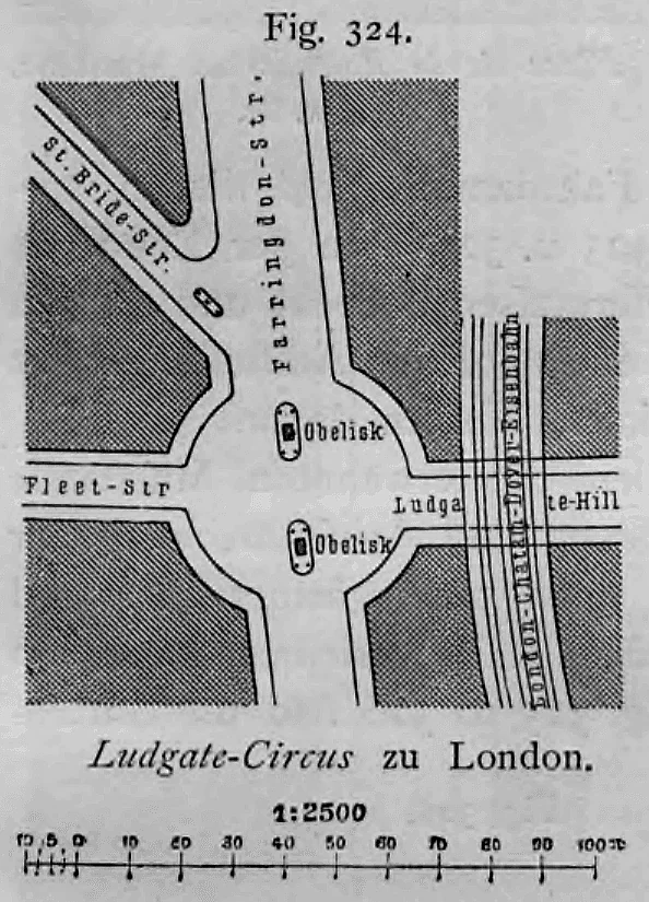 Lageplan des Ludgate Circus in London im Maßstab 1:2500.