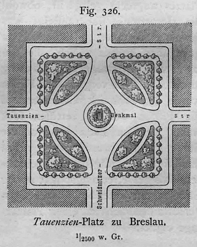 Städtebaulicher Grundriss des quadratischen Tauenzien-Platzes in Breslau mit kreuzenden Straßen, viergeteilten Schmuckgärten und zentralem Denkmal.