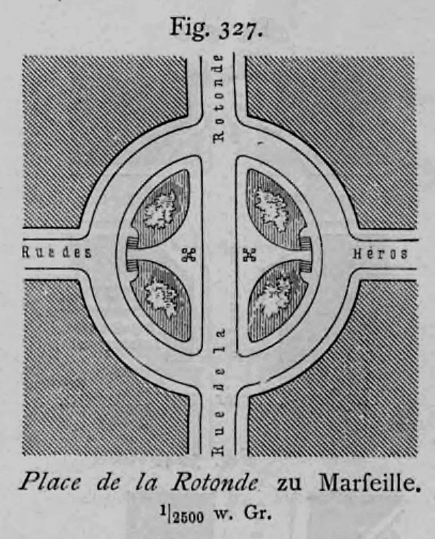 Grundriss des kreisrunden Platzes Place de la Rotonde in Marseille im Maßstab 1:2500.