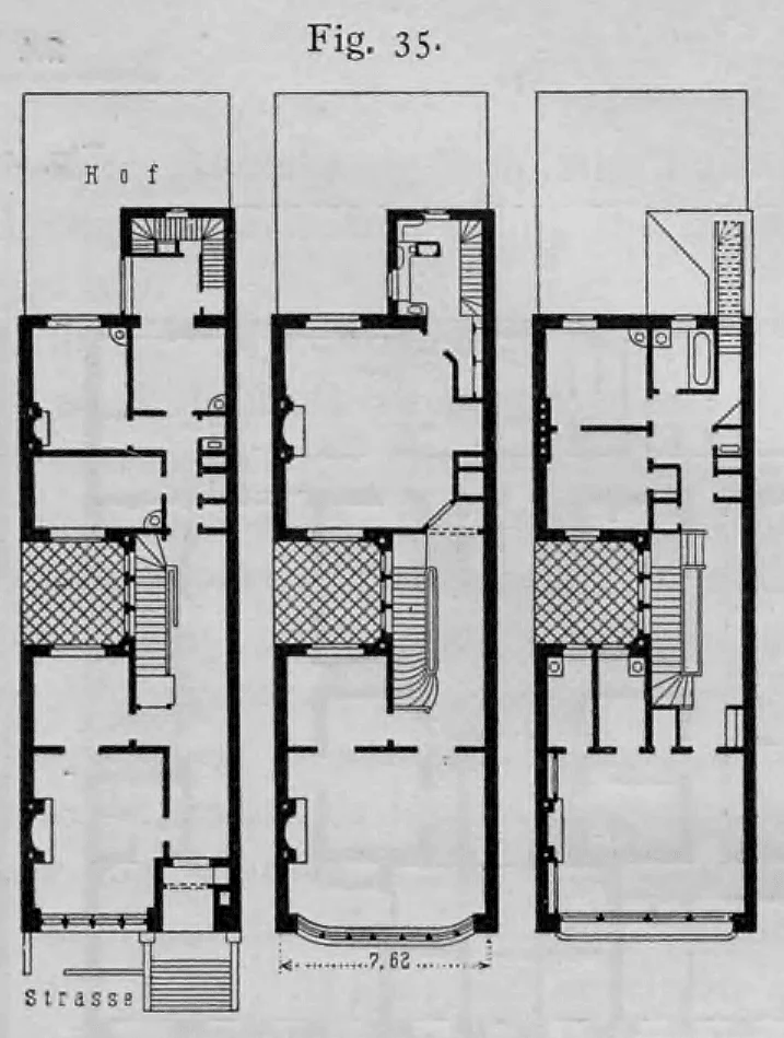 Grundrisse dreier Geschosse eines typischen amerikanischen Einzelhauses (Dreifensterhaus).