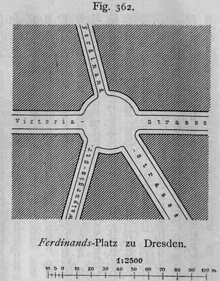 Lageplan des kreisförmigen Ferdinands-Platzes in Dresden im Maßstab 1:2500.