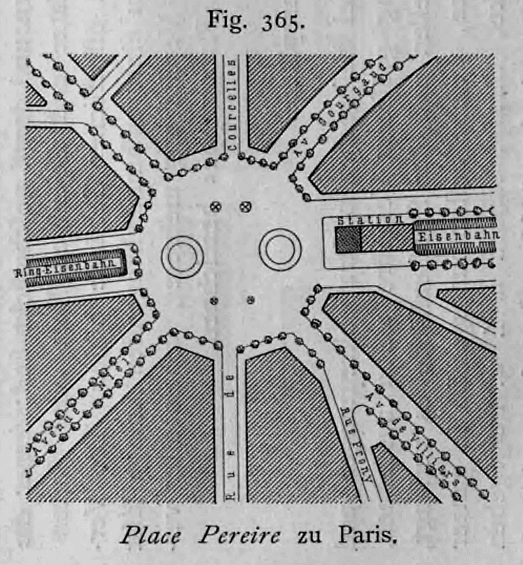 Lageplan des sternförmigen Verkehrsplatzes Place Pereire in Paris mit kreuzender Ringbahn.