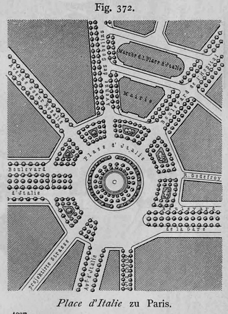 Städtebaulicher Grundriss der Place d'Italie in Paris mit zentraler Brunneninsel und strahlenförmig einmündenden Boulevards.