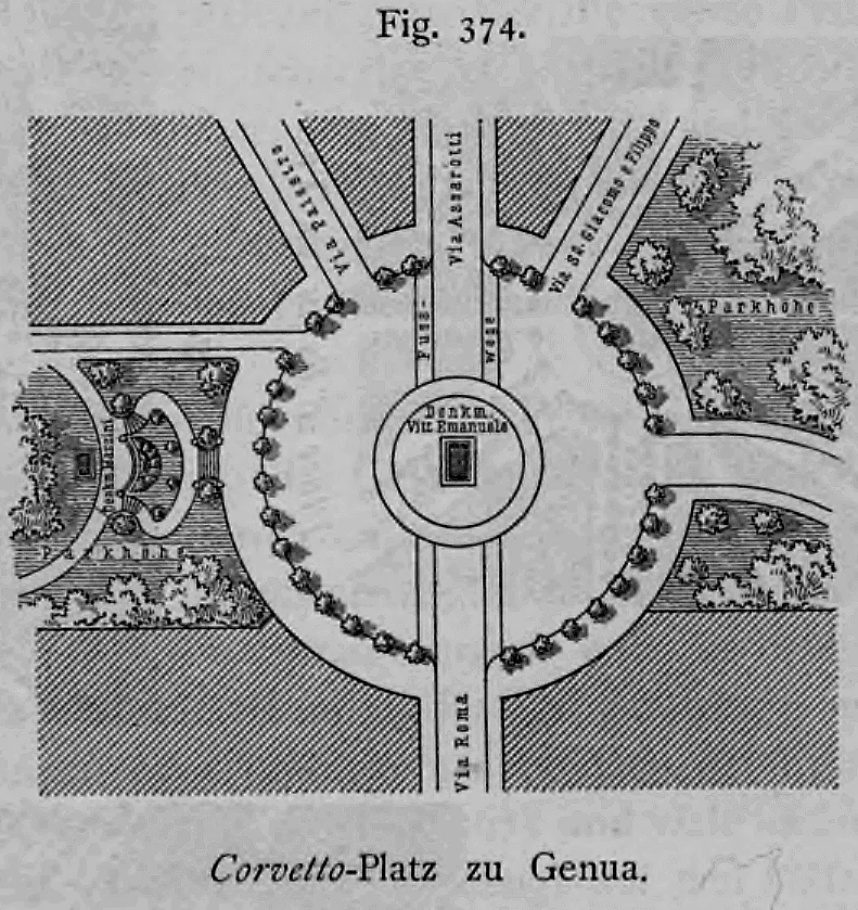 Lageplan des kreisrunden Corvetto-Platzes (Piazza Corvetto) in Genua.