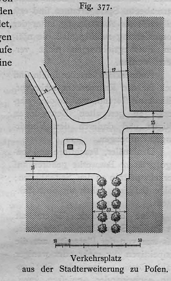 Lageplan eines Verkehrsplatzes mit Bürgersteiginsel und Straßenverzweigungen aus der Stadterweiterung von Posen.