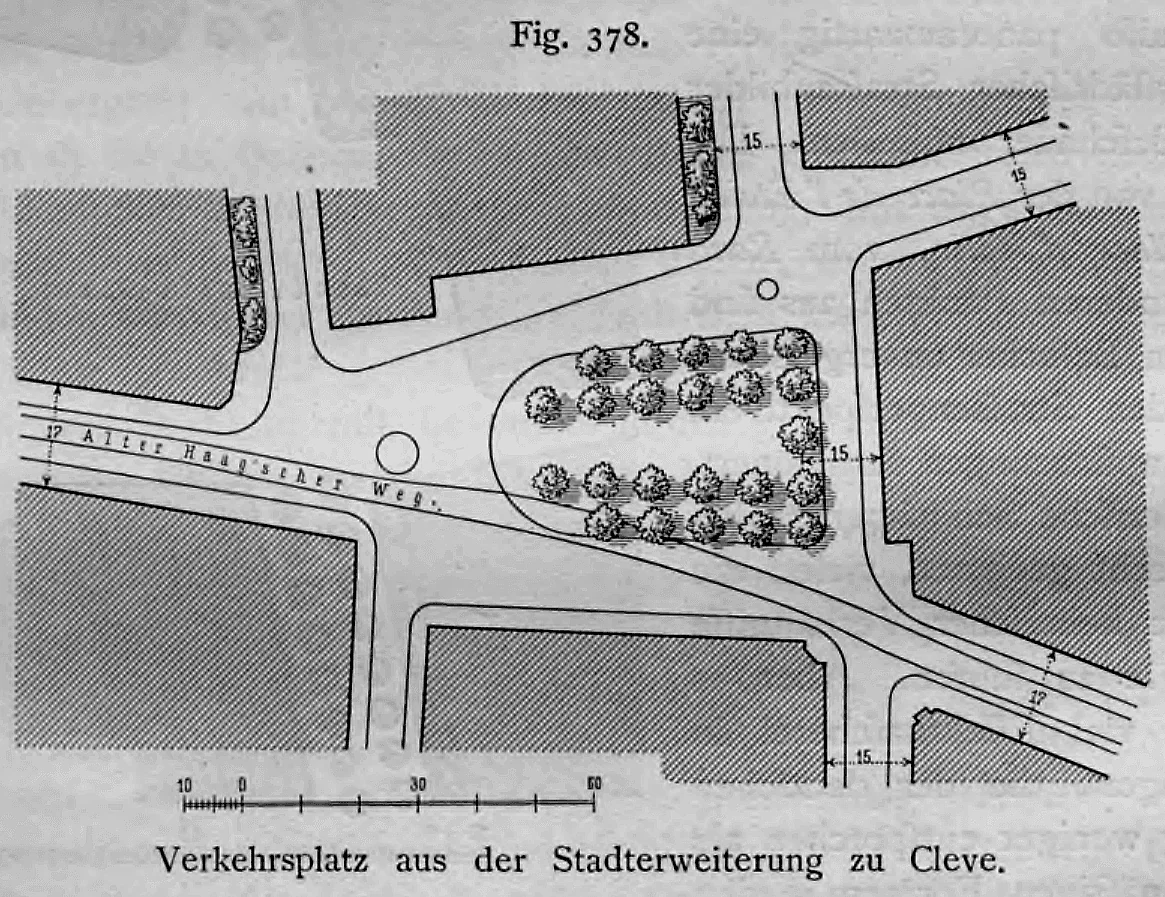 Lageplan eines asymmetrischen Verkehrsplatzes mit bepflanzter Bürgersteiginsel aus der Stadterweiterung zu Cleve (Kleve).