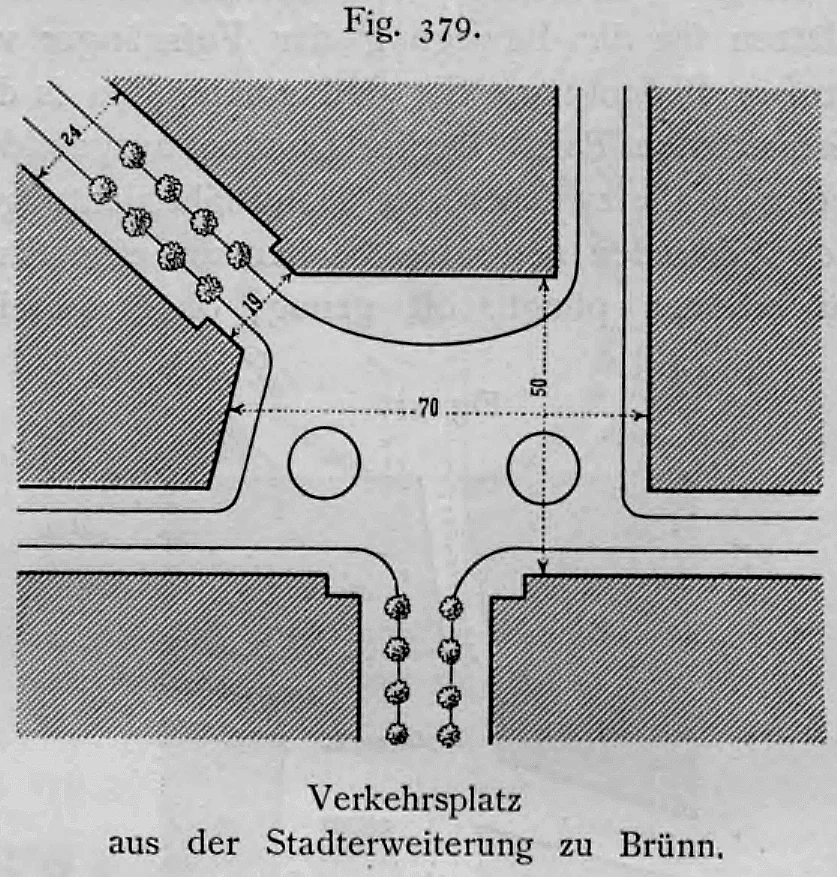 Grundrissplan eines unregelmäßigen Verkehrsplatzes mit Bürgersteiginseln und Maßangaben aus der Stadterweiterung von Brünn.