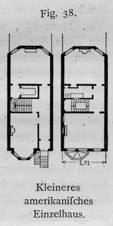 Grundrisse eines kleineren, schmalen amerikanischen Einzelhauses mit Breitenmaß 5,71 m.