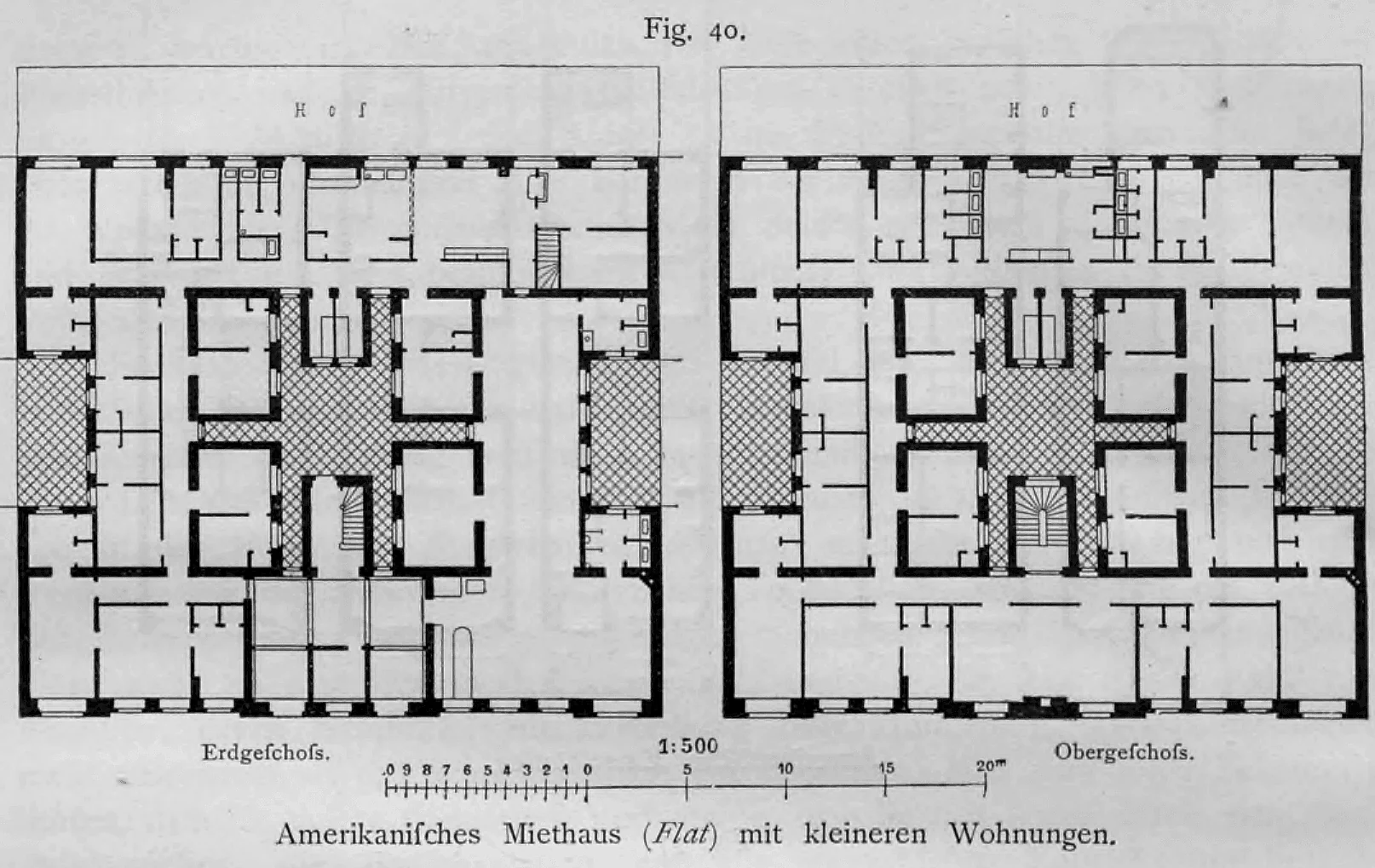 Grundrisse von Erdgeschoss und Obergeschoss eines amerikanischen Miethauses (Flat) mit kleineren Wohnungen.