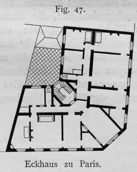 Grundriss eines Pariser Miet-Eckhauses mit unregelmäßigem Zuschnitt und Hof.
