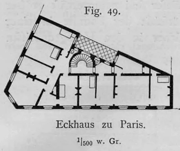 Grundriss eines Pariser Eckhauses im Maßstab 1:500.